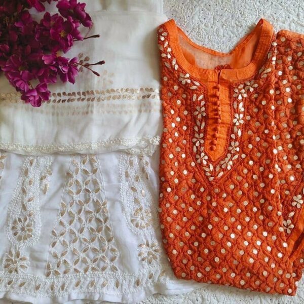 Stunning Orange Lucknowi Chikan Dress