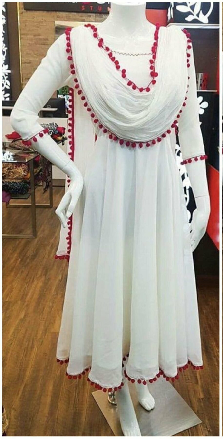 White Pom Pom Anarkali Dress