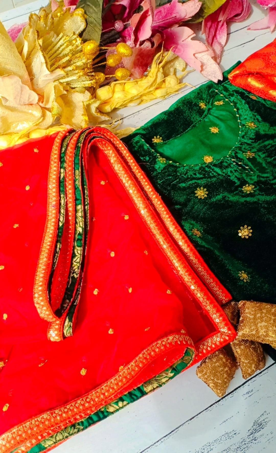 Enchanting Ethnic Green Red Velvet Outfit