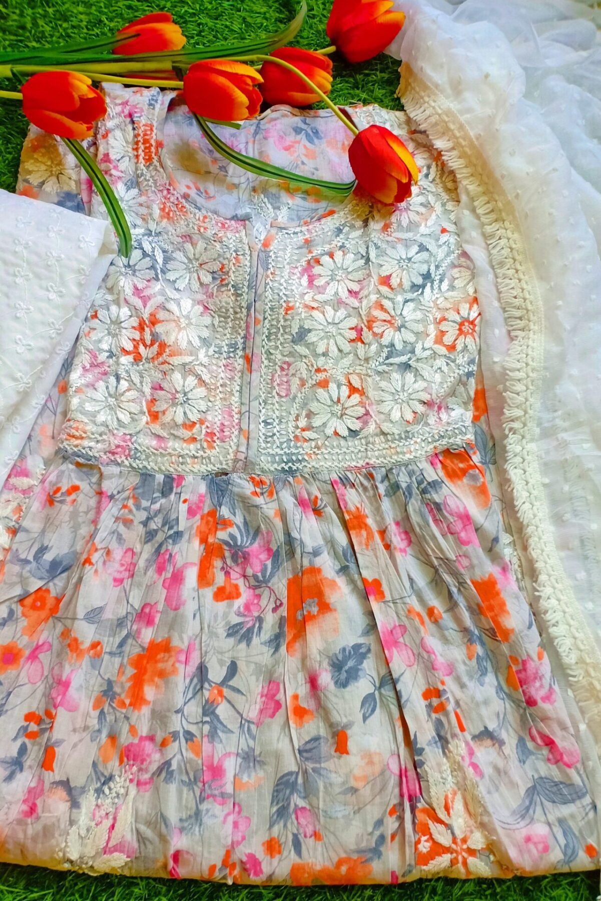Enchanting Summer Floral Chikankari Anarkali Outfit