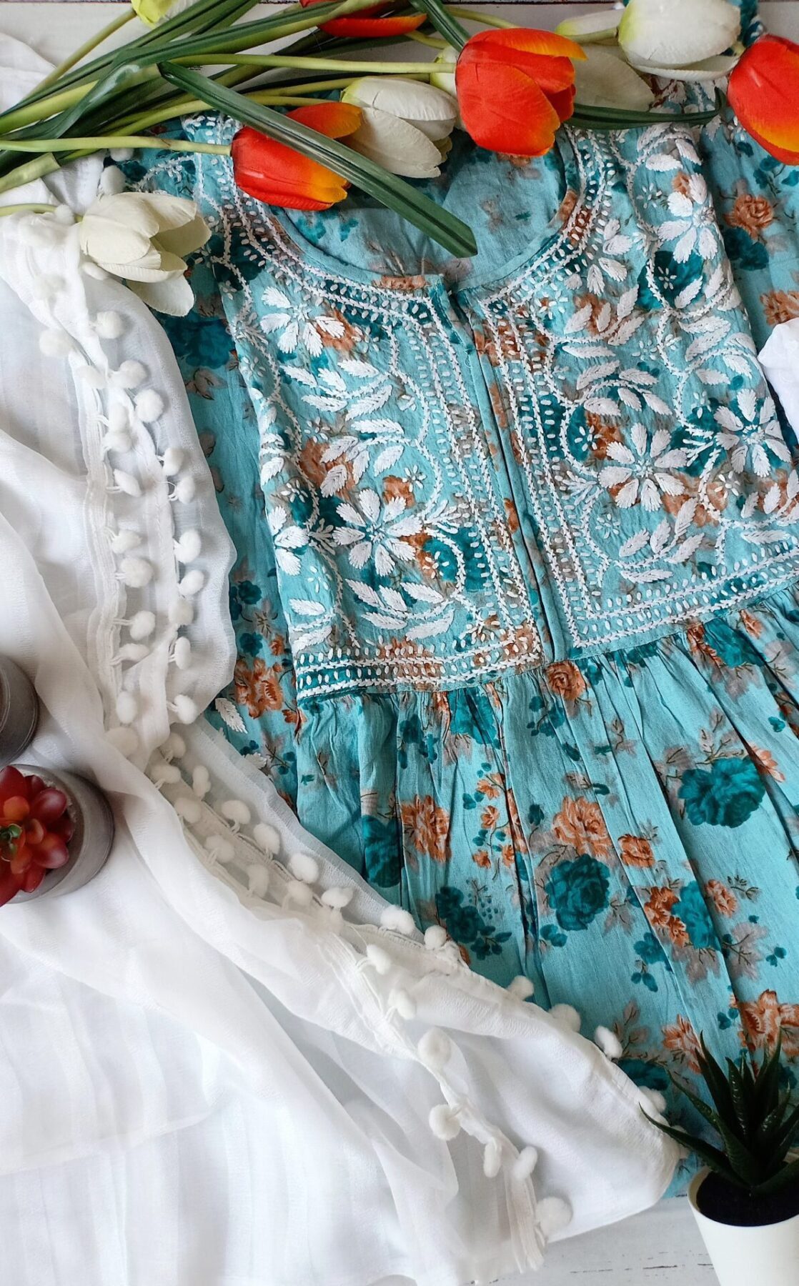 Breathtaking Summer Floral Chikankari Anarkali Outfit
