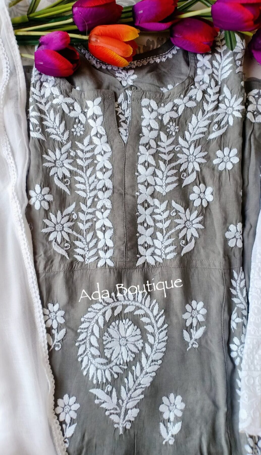Easy Breezy Grey Modal Cotton Chikankari Anarkali Outfit