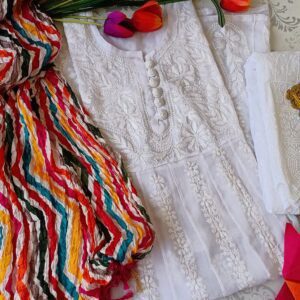 Dazzling White Multicolor Chikankari Outfit