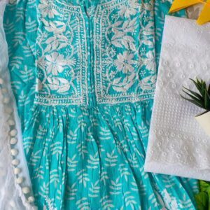 Delightful Block Print Blue Chikankari Anarkali Outfit