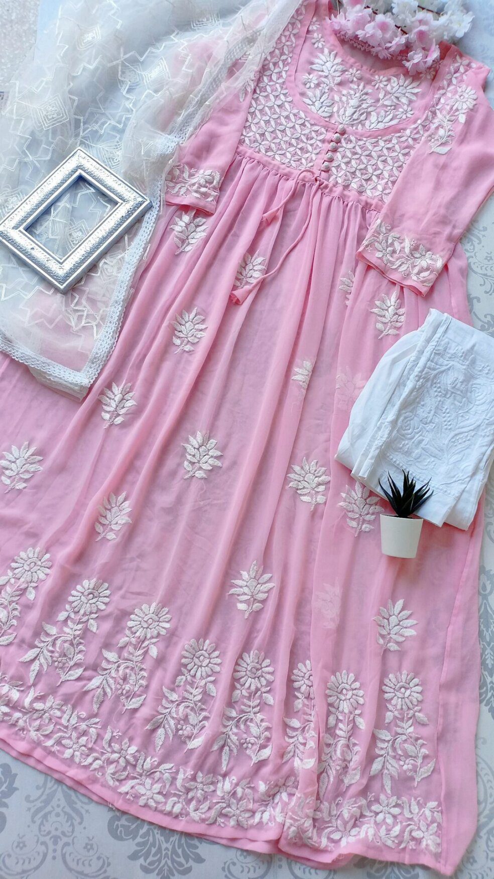 Breathtaking Baby Pink Chikankari Anarkali Outfit