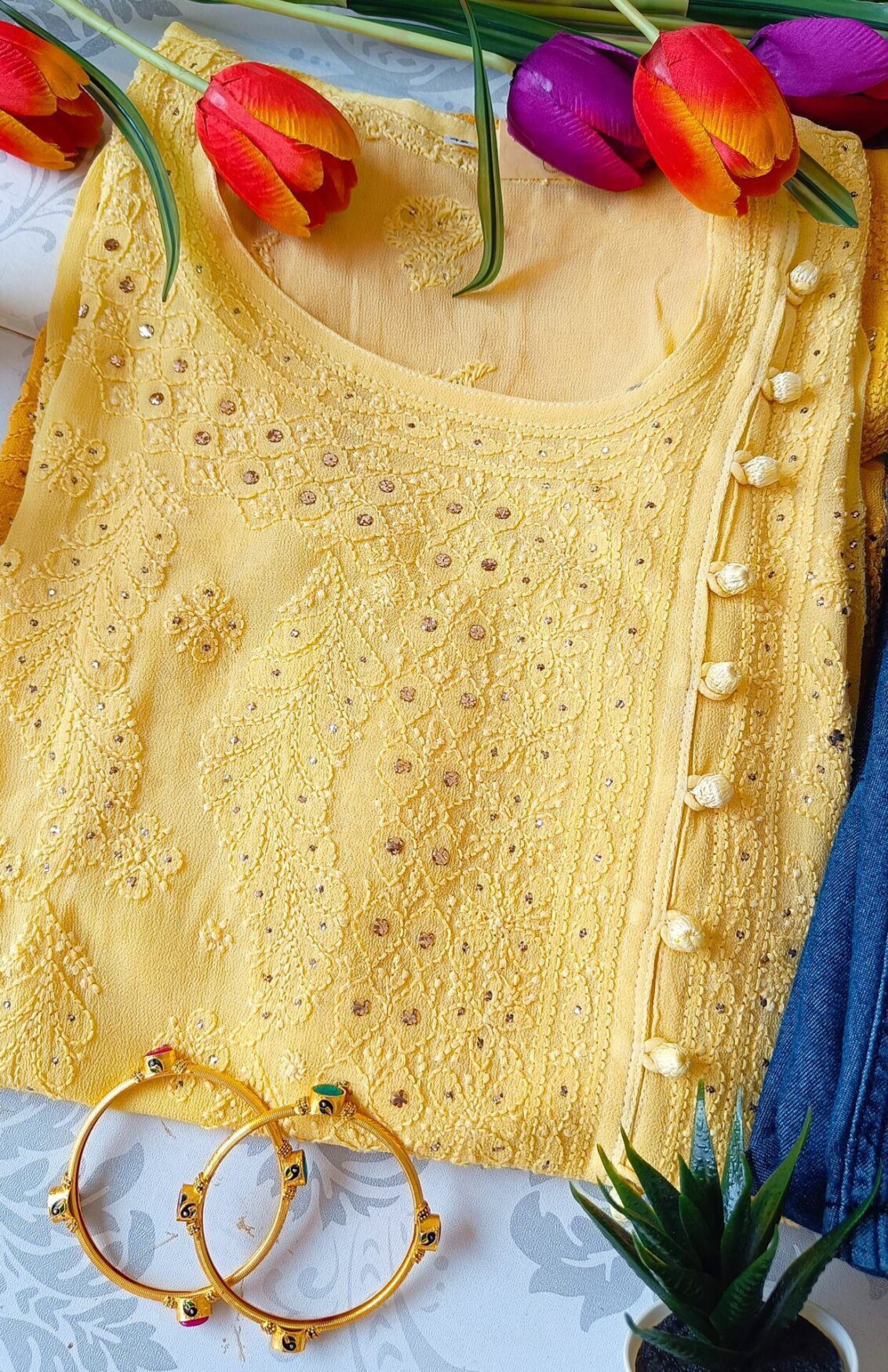 Spectacular Shaded Yellow Mukaish Chikankari Outfit