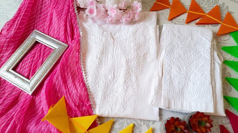 Fabulous White Pink Leheria Chikankari Outfit