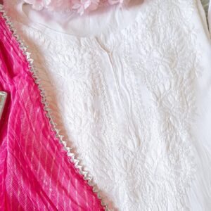 Fabulous White Pink Leheria Chikankari Outfit
