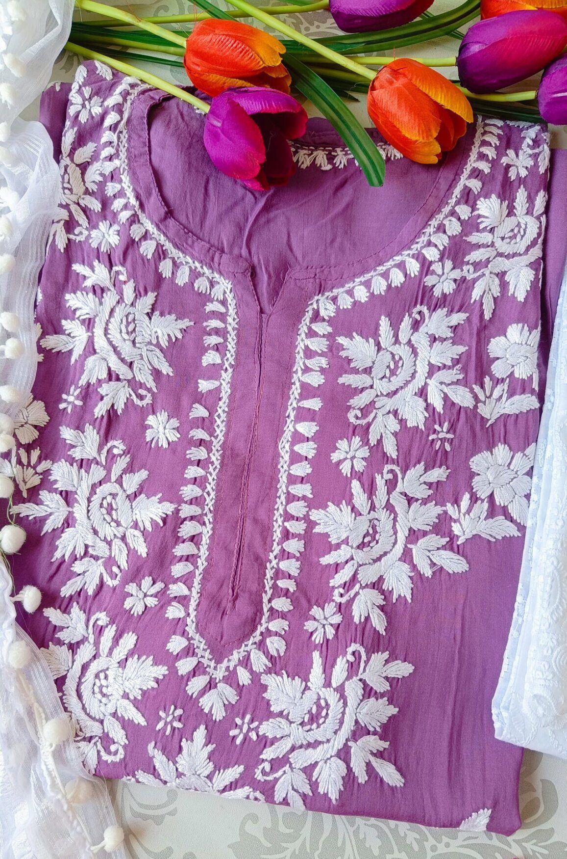 Spectacular Pastel Onion Purple Chikankari Outfit