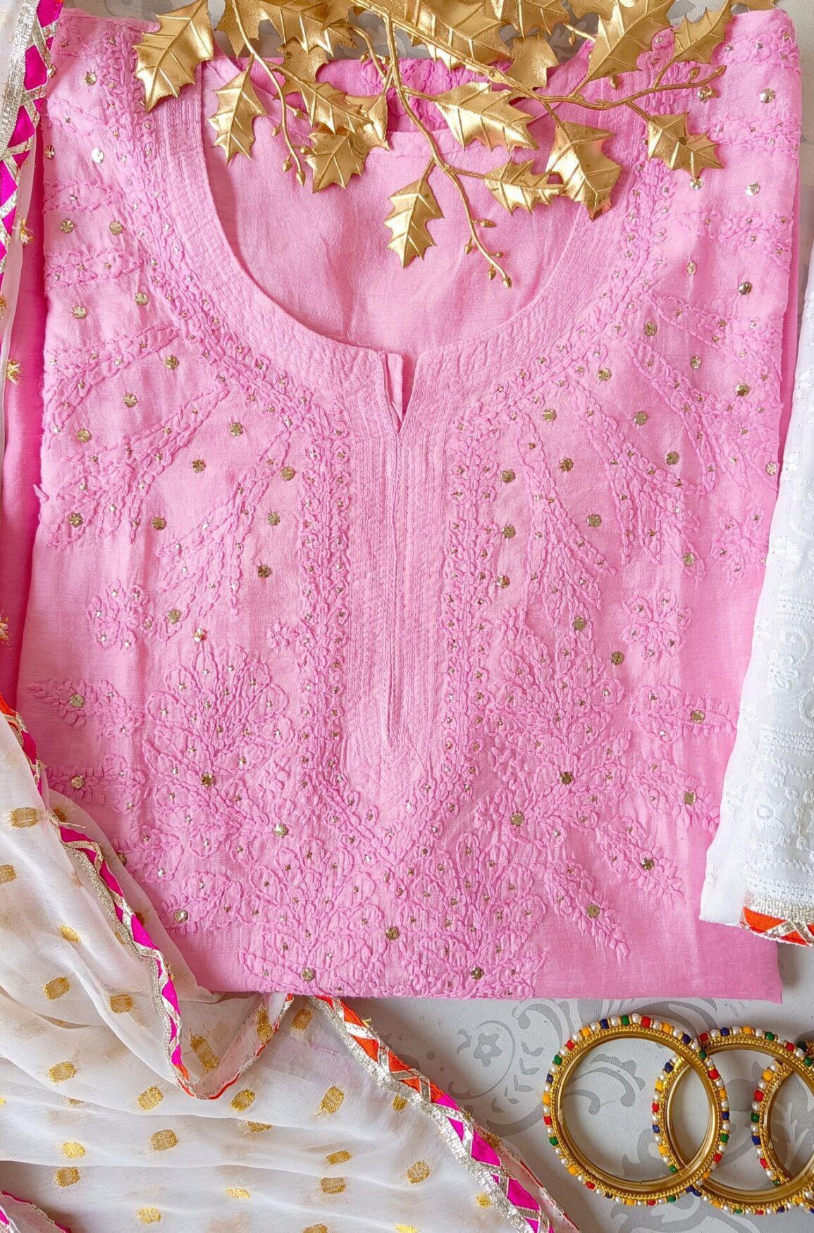 Aww Inspiring Baby Pink Chanderi Chikankari Outfit