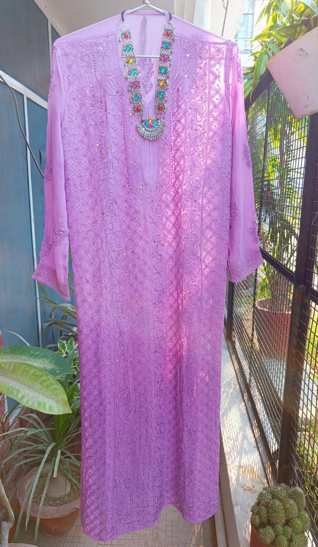 Captivating Shaded Lavender Pure Viscose Georgette Chikankari Outfit