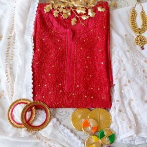 Breathtaking Cherry Red Chanderi Chikankari Outfit