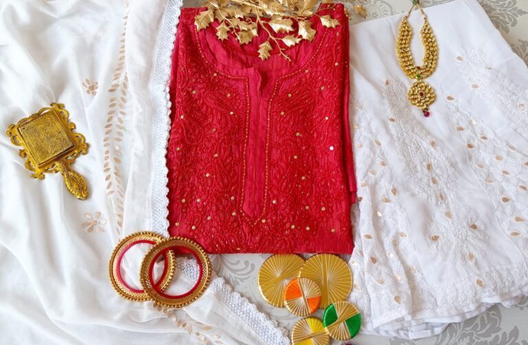 Breathtaking Cherry Red Chanderi Chikankari Outfit