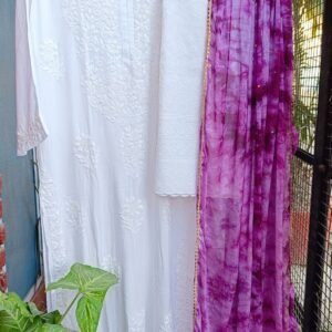 Phenomenal White Purple Leheria Chikankari Outfit