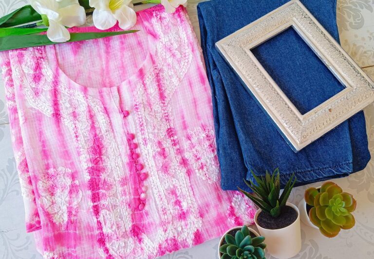 Soothing Pink Kota Cotton Leheria Chikankari Outfit