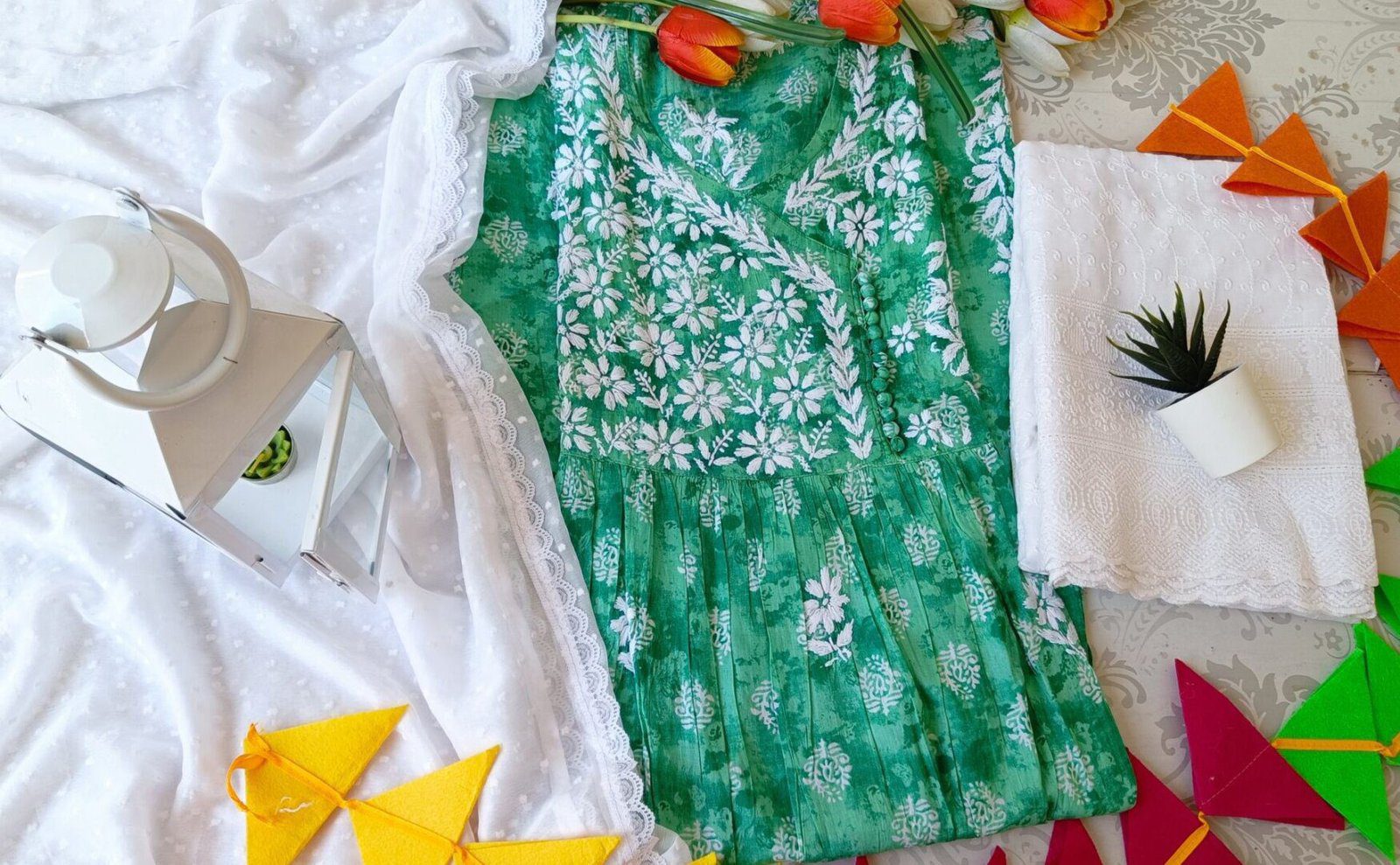 Outstanding Block Print Pastel Green Chikankari Anarkali Outfit