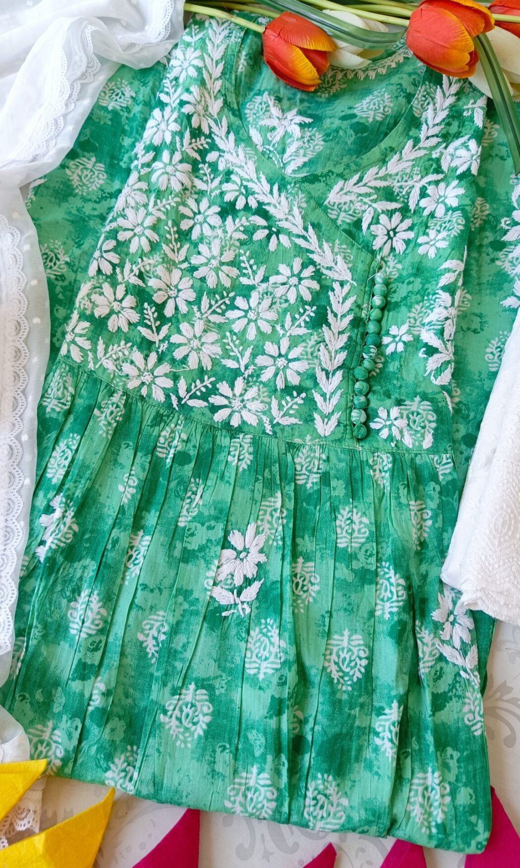 Outstanding Block Print Pastel Green Chikankari Anarkali Outfit