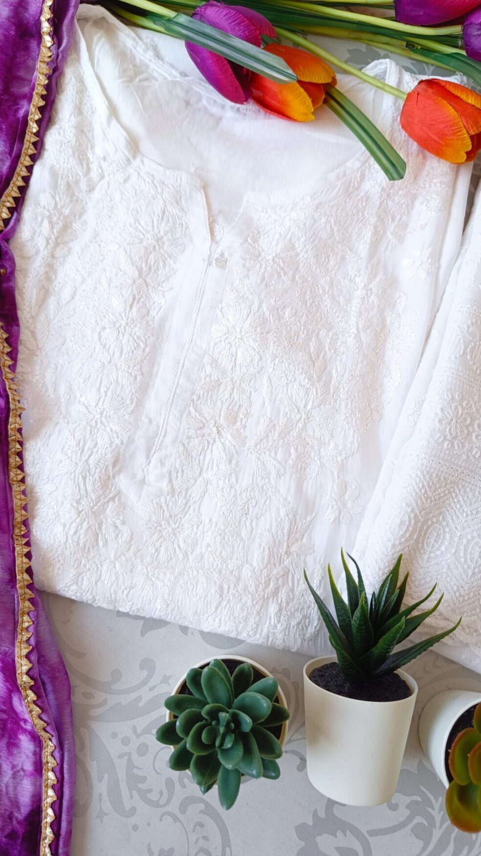 Phenomenal White Purple Leheria Chikankari Outfit