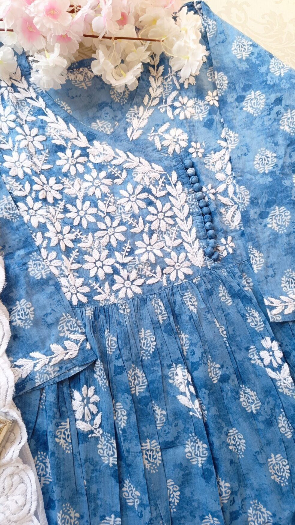 Glorious Block Print Powder Blue Chikankari Anarkali Outfit
