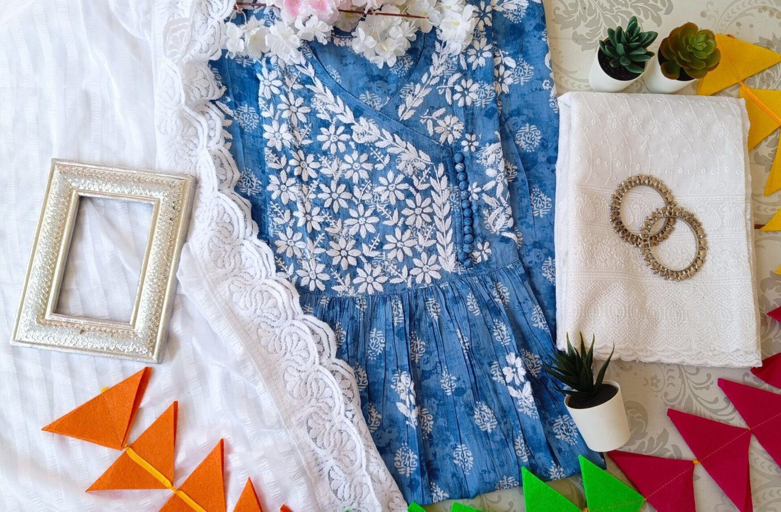 Glorious Block Print Powder Blue Chikankari Anarkali Outfit