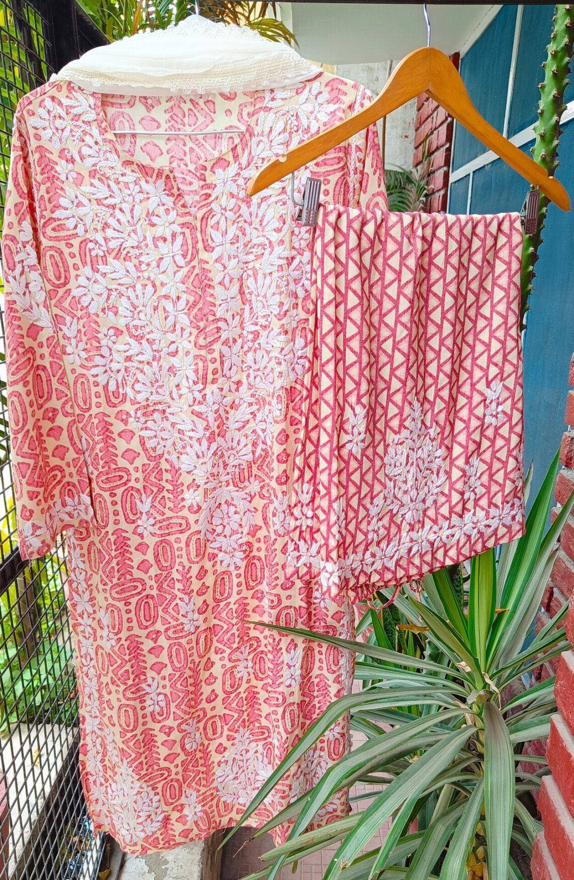 Regal Coral Red Chanderi Cotton Chikankari Outfit
