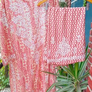 Regal Coral Red Chanderi Cotton Chikankari Outfit