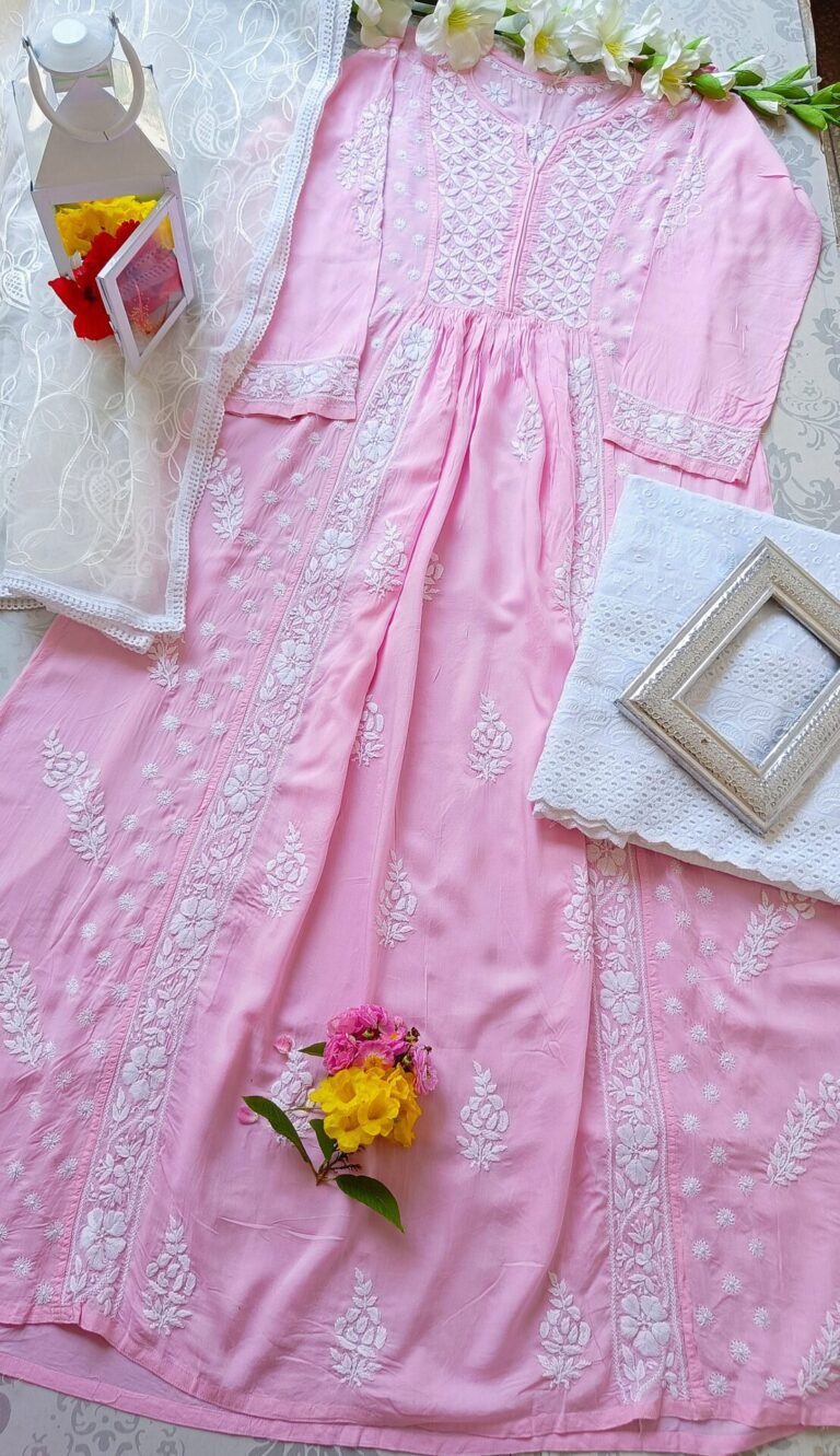 Captivating Baby Pink Modal Chikankari Anarkali Outfit