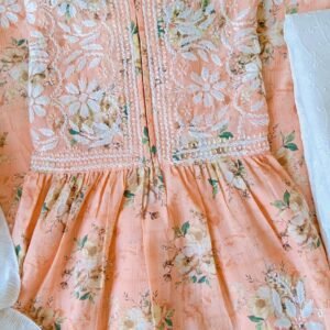 Calming Pastel Peach Summer Floral Chikankari Anarkali Outfit