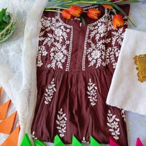 Ravishing Chocolate Brown Modal Chikankari Anarkali Outfit
