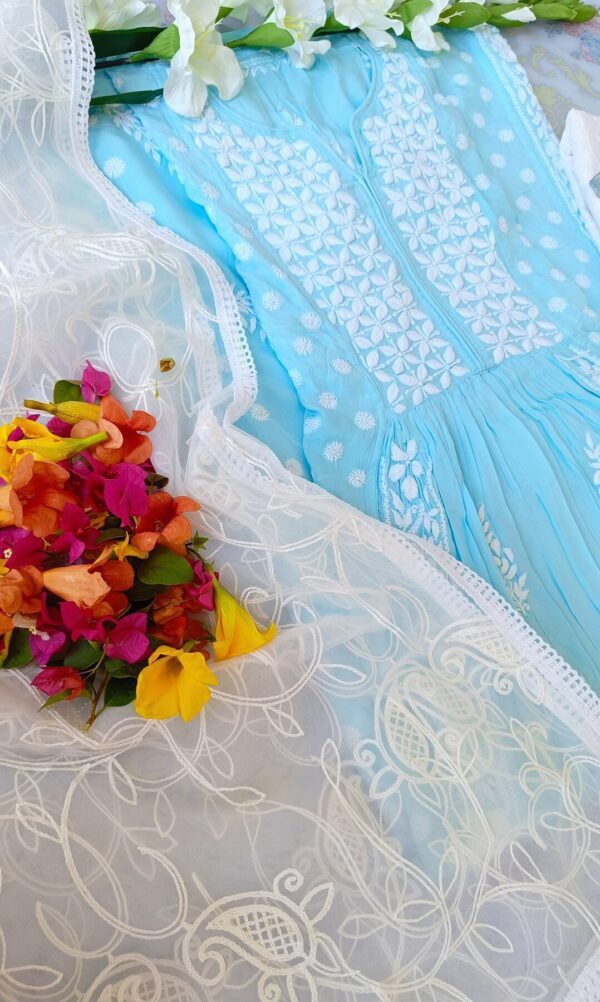 Comforting Pastel Turquoise Blue Modal Chikankari Anarkali Outfit