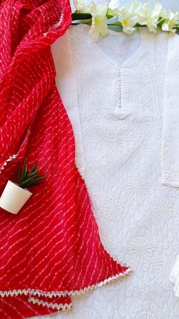 Glaring White Red Leheria Chikankari Outfit