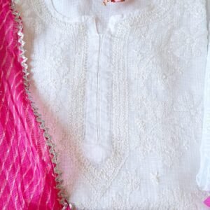 Summer Cool Kota White Pink Leheria Chikankari Outfit