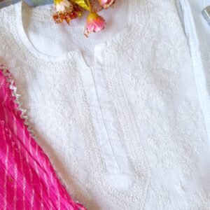 Summer Cool Kota White Pink Leheria Chikankari Outfit