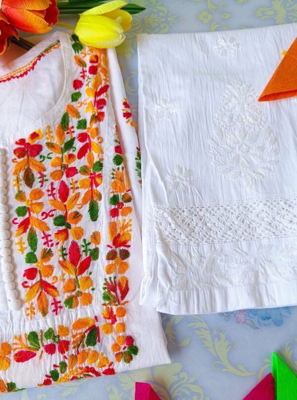 Impressive White Multicolor Cotton Chikankari Outfit