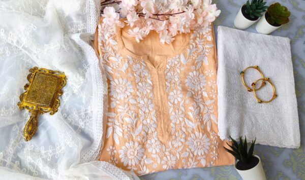 Appealing Pastel Orange Modal Chikankari Outfit