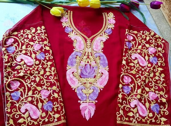Royal Red Kashmiri Work Outfit With Denims