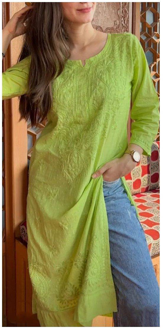Arresting Lime Green Chikankari Outfit With Denims