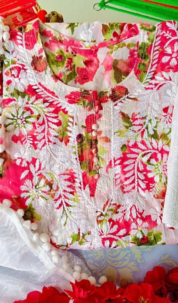 Fascinating Red Multicolor Mulmul Floral Chikankari Outfit