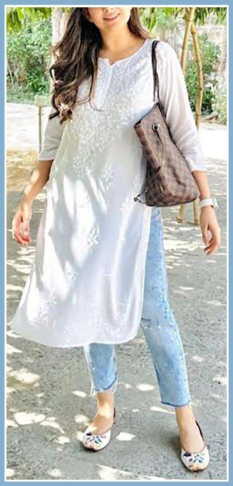 Dreamy Pearl White Modal Chikankari Outfit With Denims