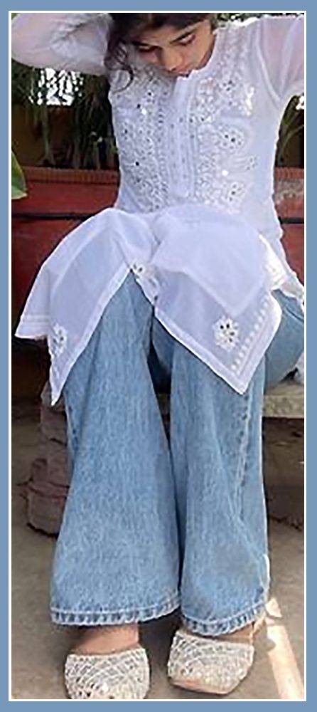 Splendid Mirror White Chikankari Kurta With Blue Denim Pants