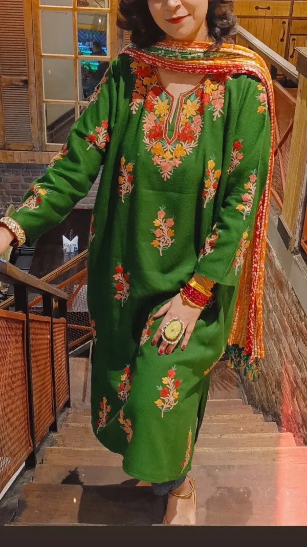 Impressive Green Multicolor Kashmiri Phiran With Denims