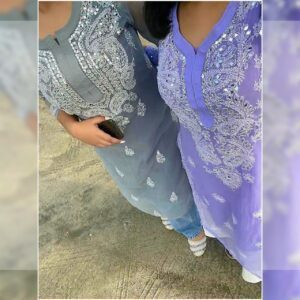 Super Stunning Mirror Chikankari Kurta With Blue Denim Pants