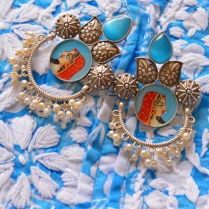 Royal Rani Style Powder Blue Multistone Tanjore Moti Earrings