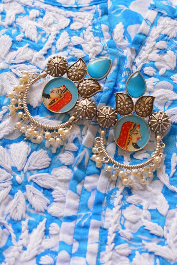 Royal Rani Style Powder Blue Multistone Tanjore Moti Earrings