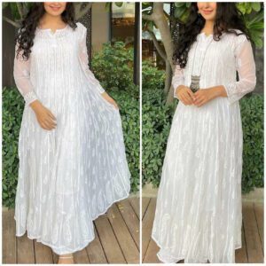 Super Gorgeous White Lucknowi Chikan Anarkali Gown