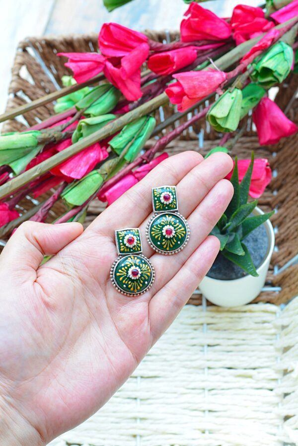 Splendid Tribal Look Meenakari Green Unique Shaped Mutistone Earrings