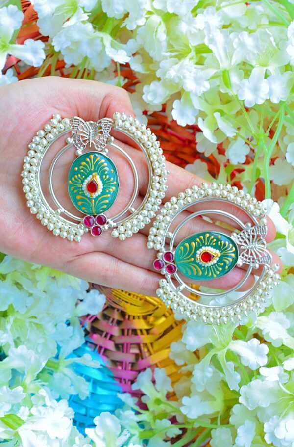 Attractive Meenakari Stone Studded Green Moti Butterfly Chandbalis