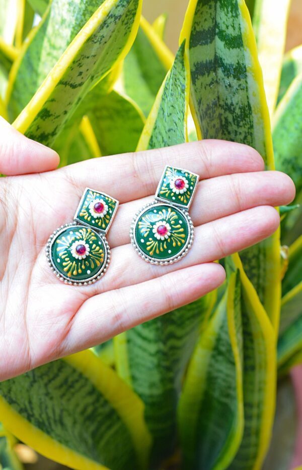 Splendid Tribal Look Meenakari Green Unique Shaped Mutistone Earrings