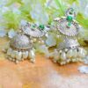 Shadi Style Silver Plated Brass Handmade Green Moti Jhumkas