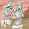 Shadi Style Silver Plated Brass Handmade Green Moti Jhumkas